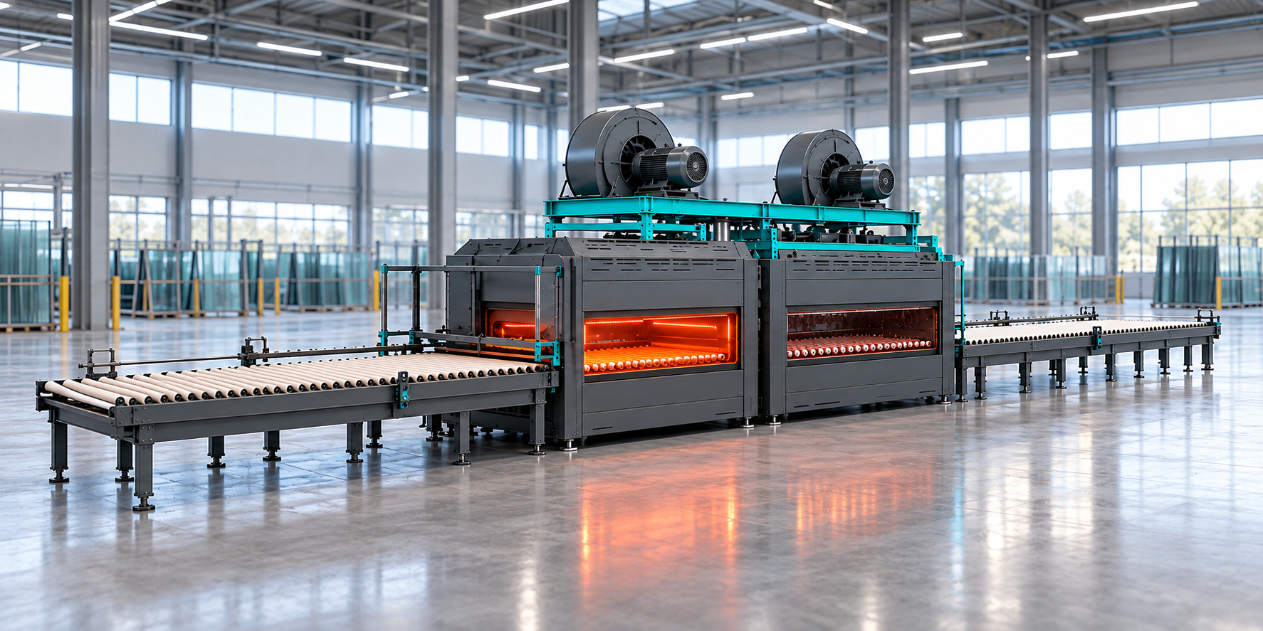 Geniş format cam temperleme hattı tasarım görseli